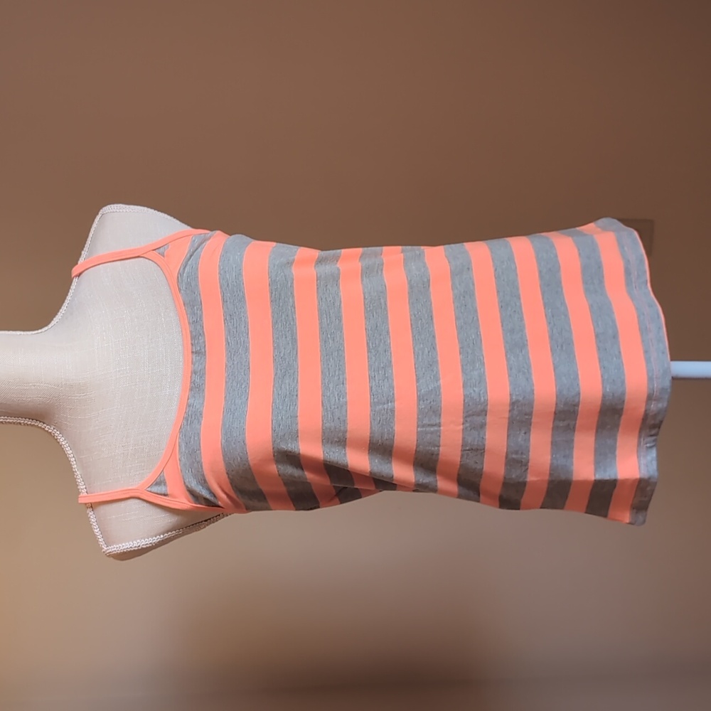 Bright Sherbet Orange And Heathered Gray Horizontal Stripped Spaghetti Strap